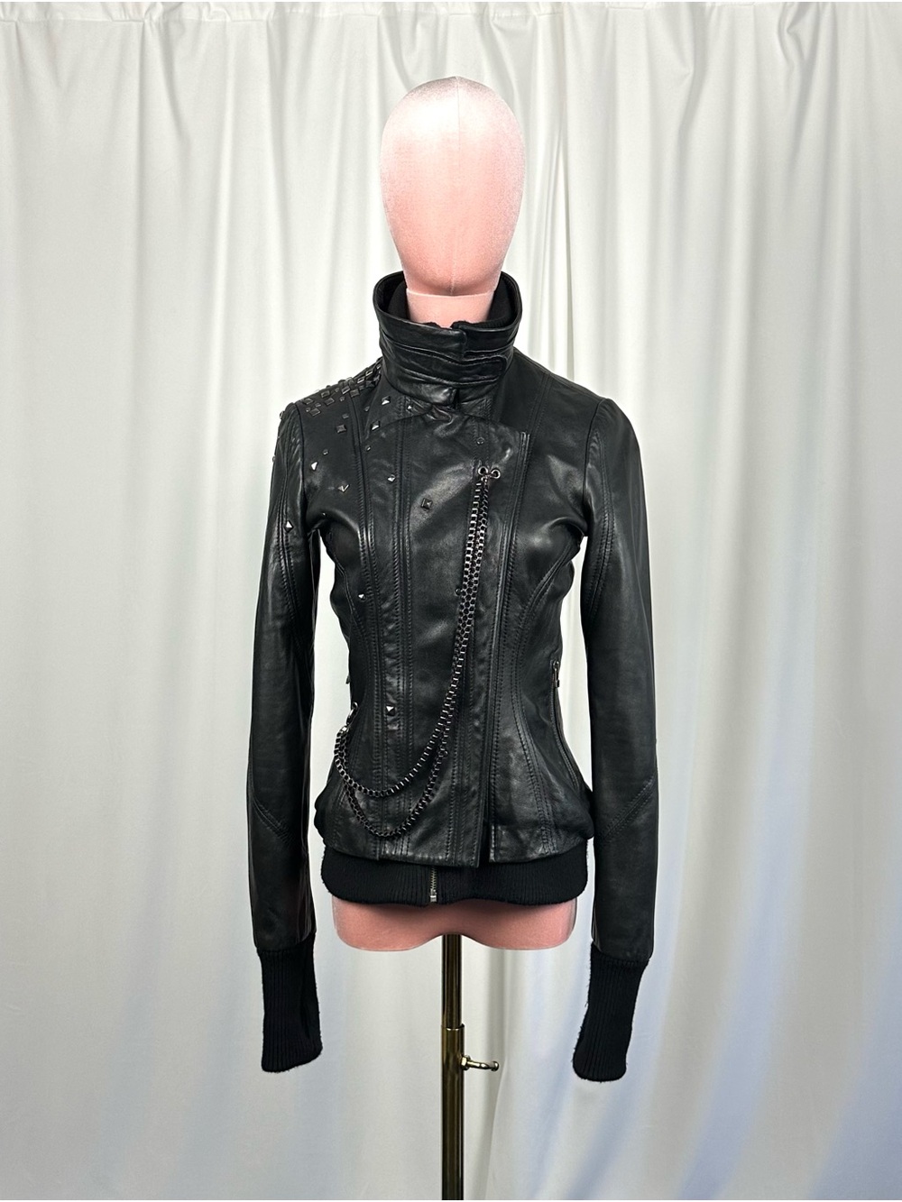 Y2K Danier Italian Lamb Leather Moto Jacket Studded Chain XXS XS